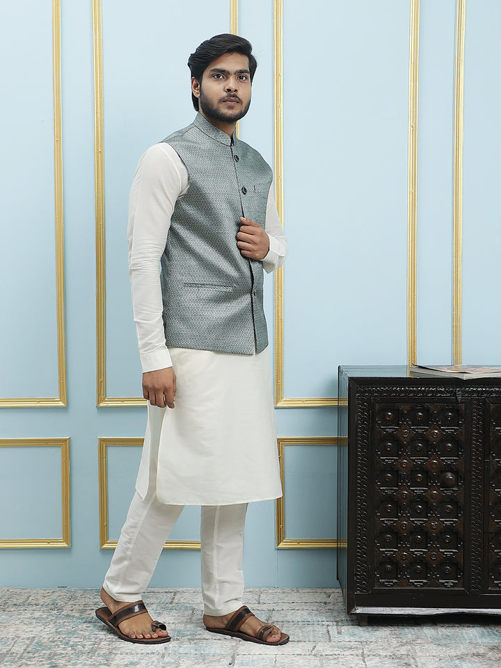 Pure Silk Kurta & Pyjama with Woven Jacquard Nehru Jacket