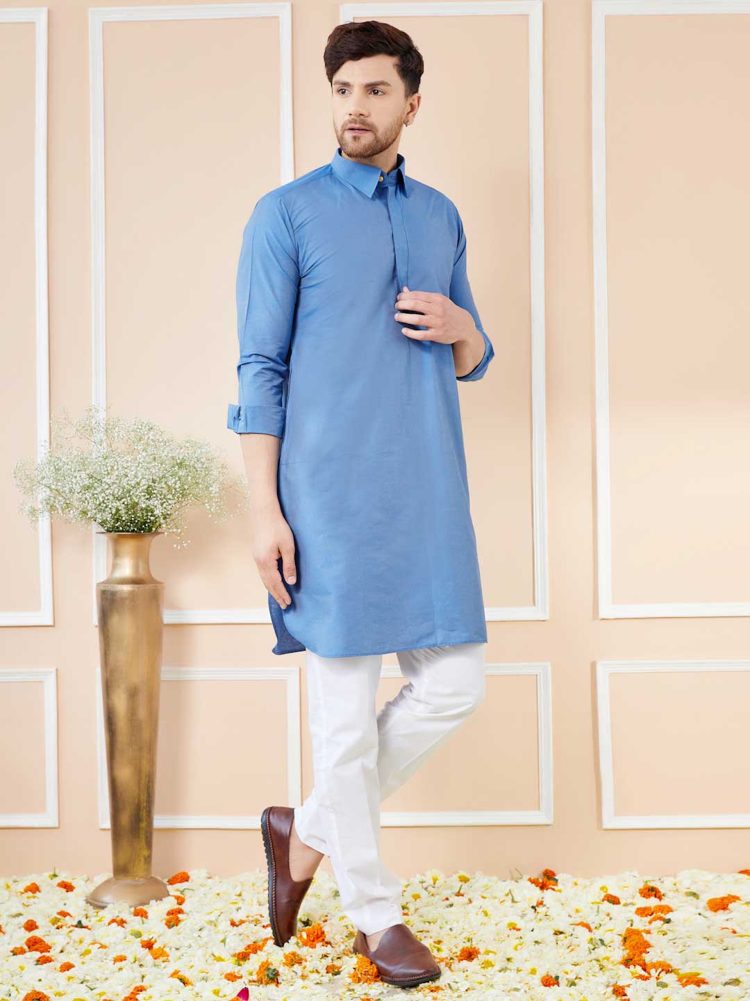 Blue Cotton Solid Pathani Kurta