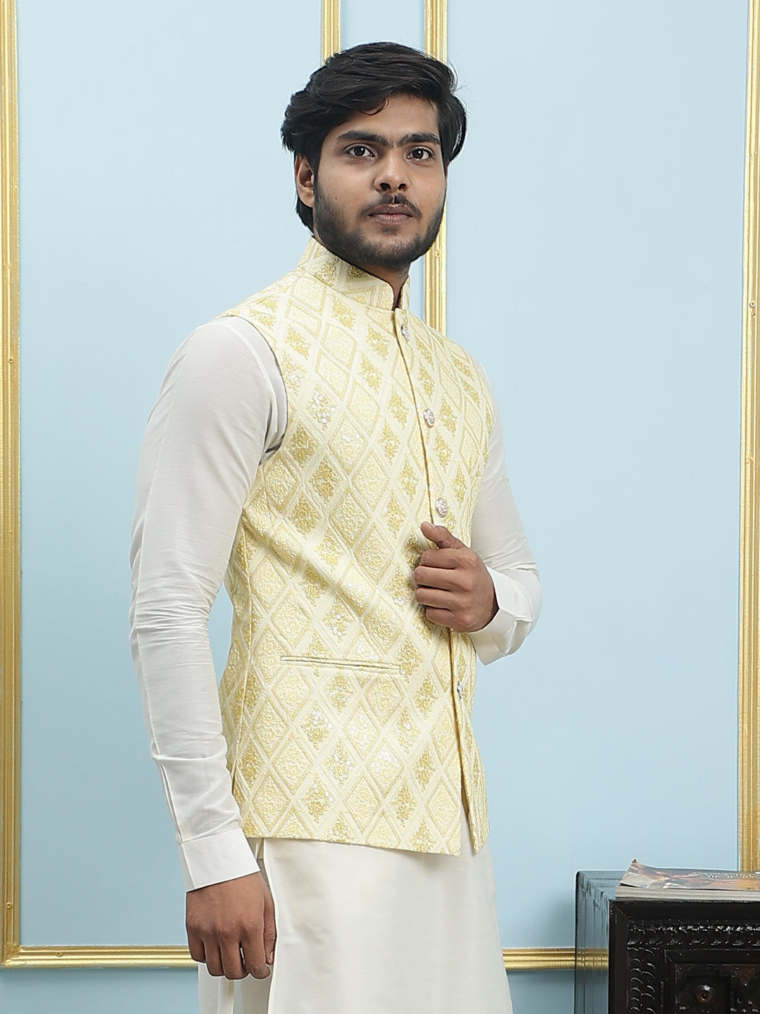 Pure Silk Kurta & Pyjama with Sequins Embroidered Nehru Jacket