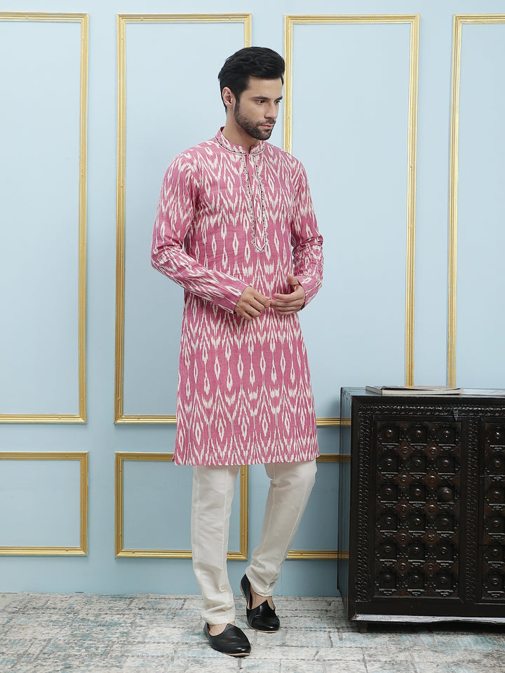 Printed Ikat Pure Cotton Straight Kurta with Embroidered Neck Design