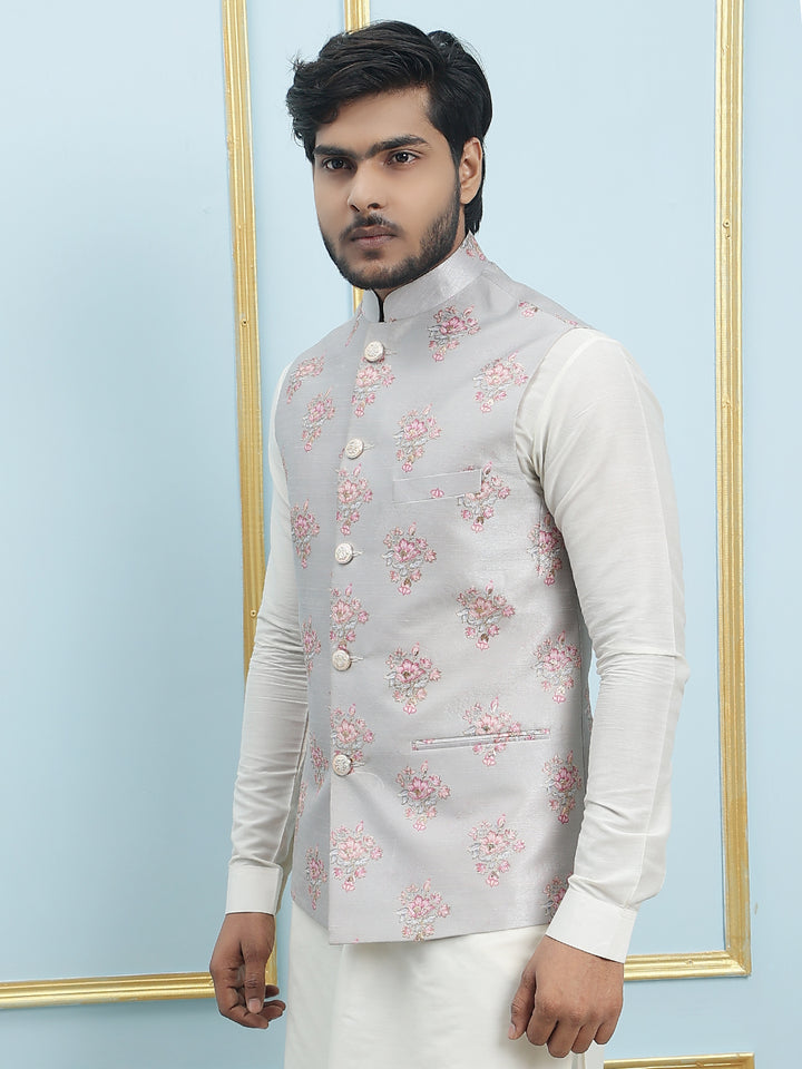 Pure Silk Kurta & Pyjama with Sequins Embroidered Nehru Jacket