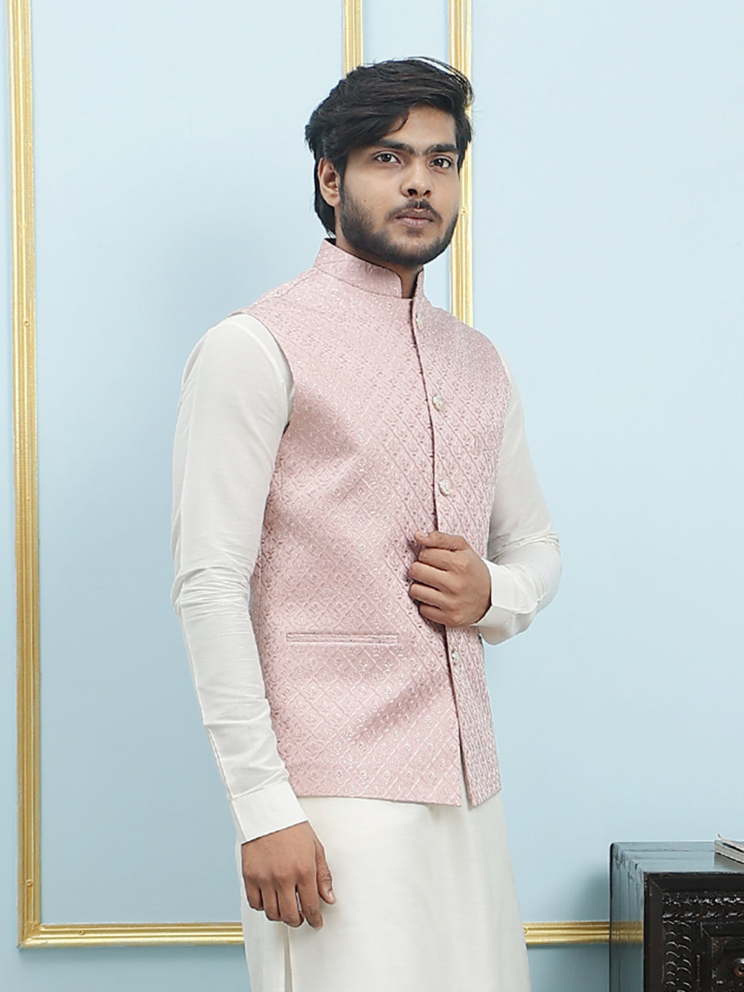 Pure Silk Kurta & Pyjama with Sequins Embroidered Nehru Jacket