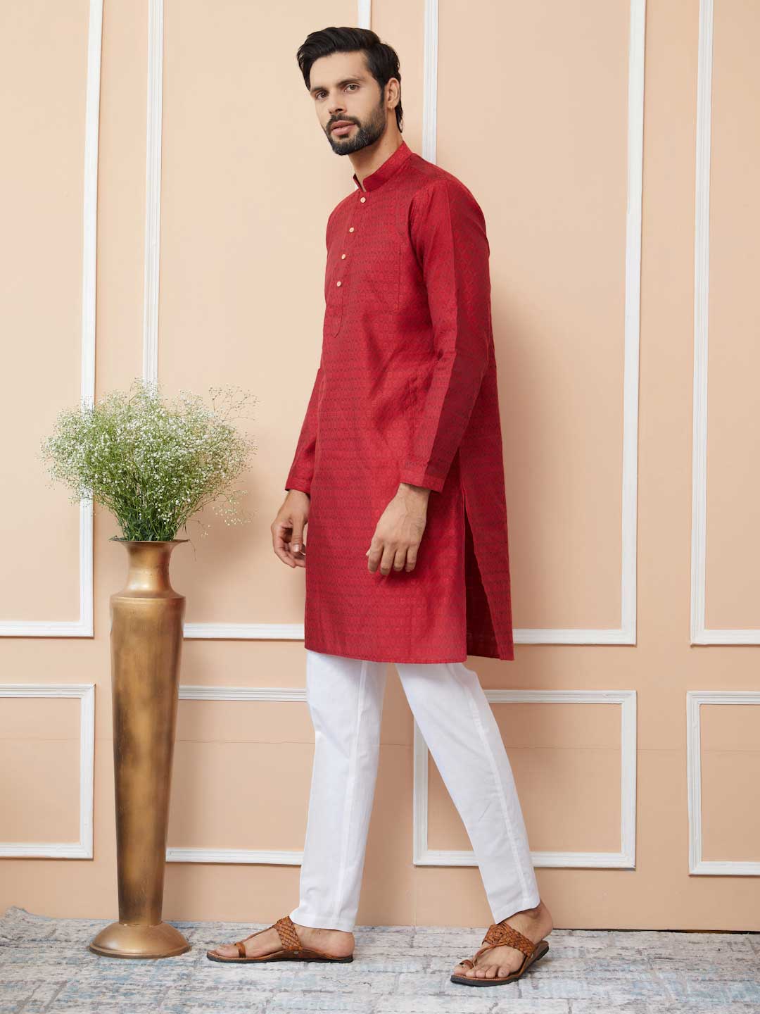 Red Ethnic Motifs Silk Jacquard Woven Design Straight Kurta with Pyjama