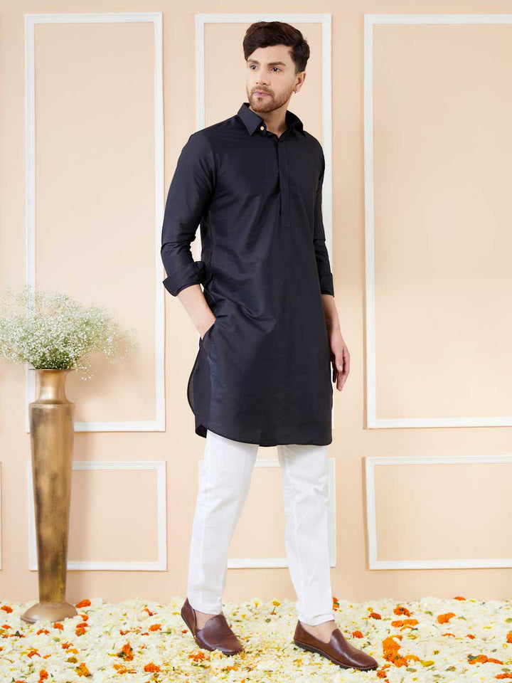 Black Cotton Solid Pathani Kurta with Pyjama