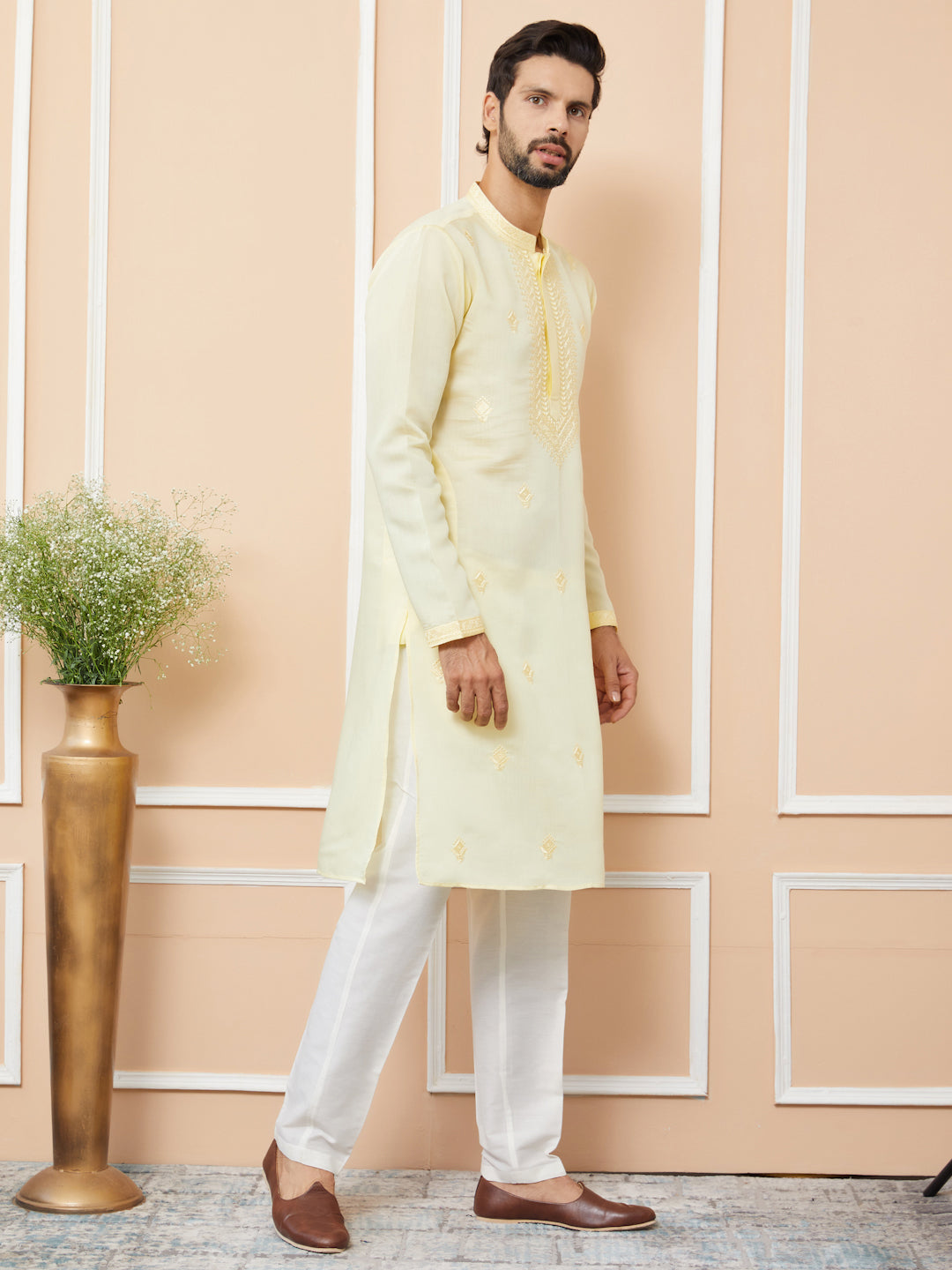 Yellow Embroidered Chanderi Silk Straight Kurta