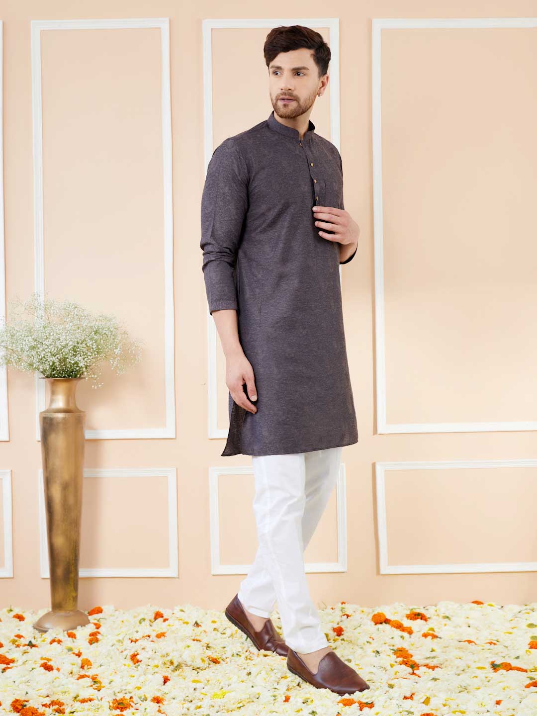 Black Ethnic Motifs Silk Floral Design Straight Kurta