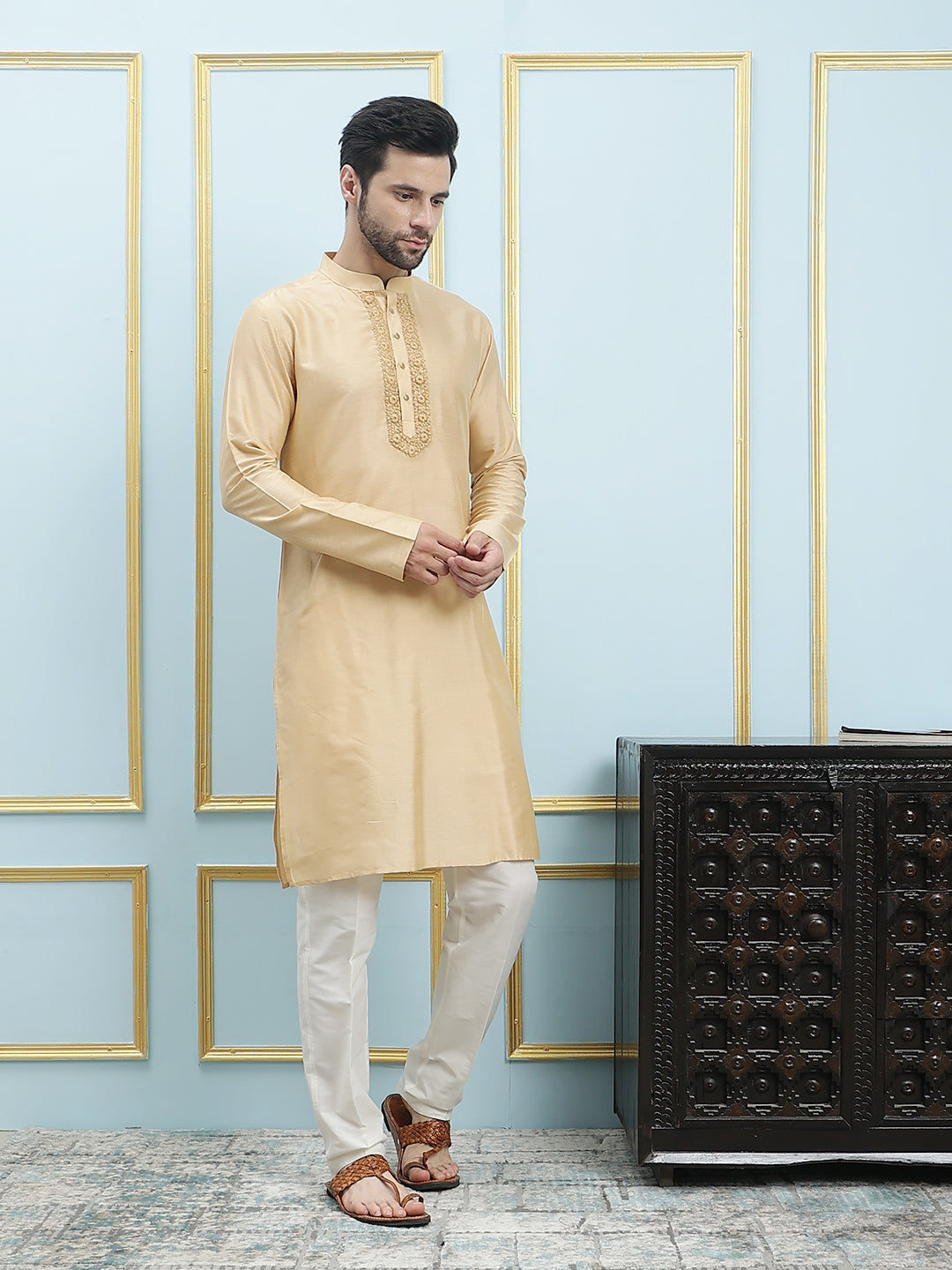 Solid Pure Cotton Straight Kurta with Embroidered Neck Design