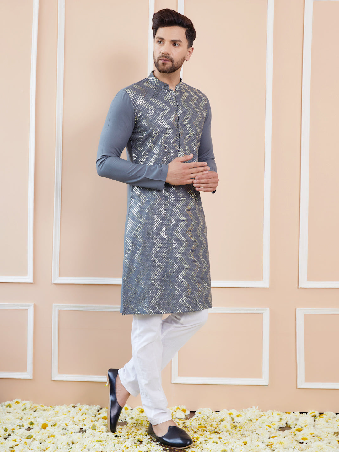 Grey Embroidered Rayon Straight Kurta with Pyjama