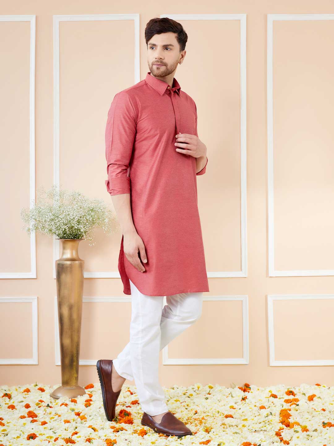 Red Cotton Solid Pathani Kurta with Pyjama