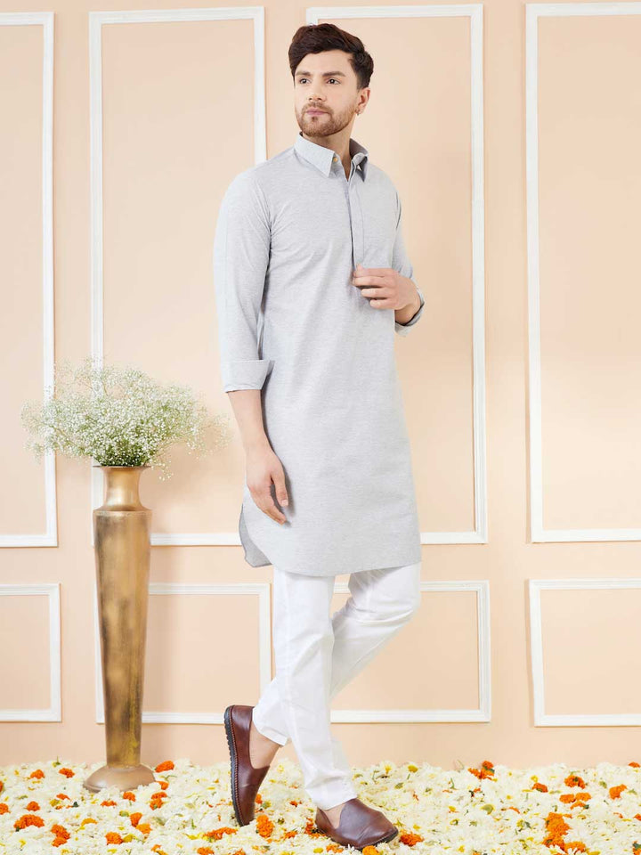 Grey Cotton Solid Pathani Kurta with Pyjama