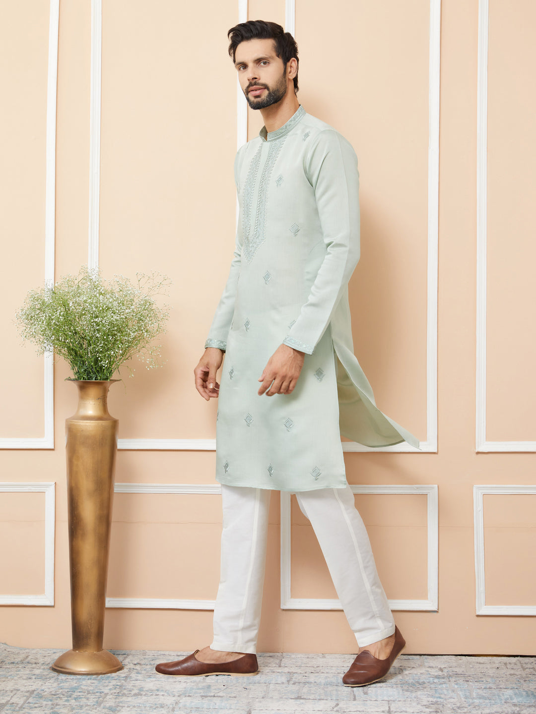 Pastel Green Embroidered Chanderi Silk Straight Kurta