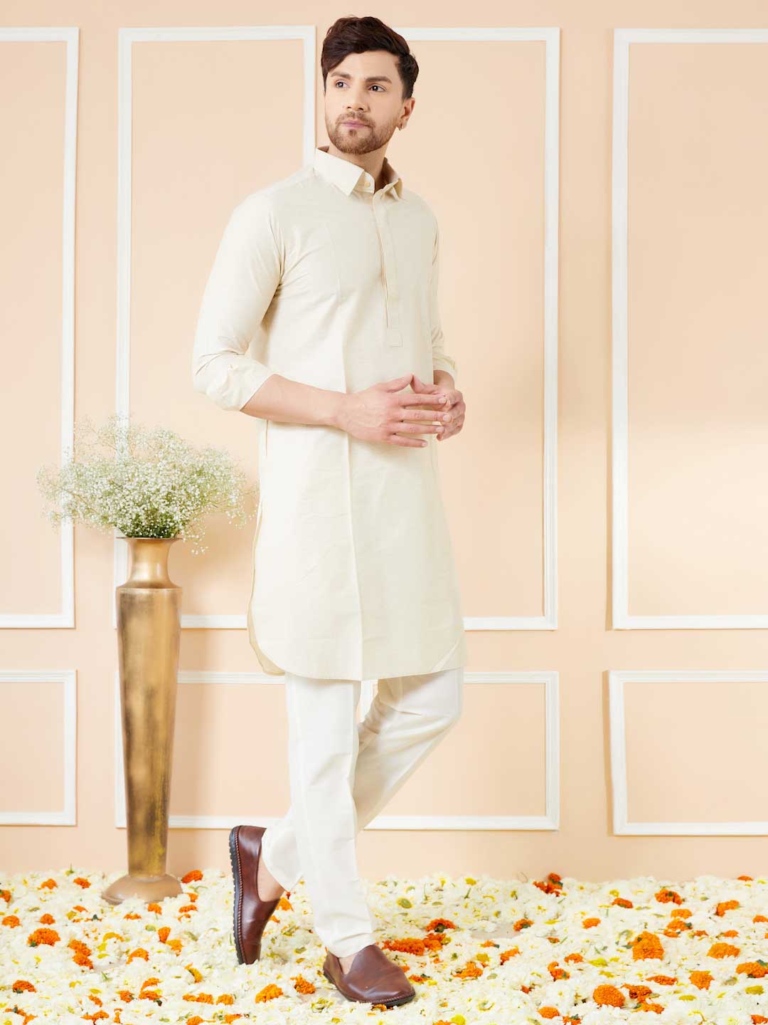 Cream Cotton Solid Pathani Kurta with Pyjama