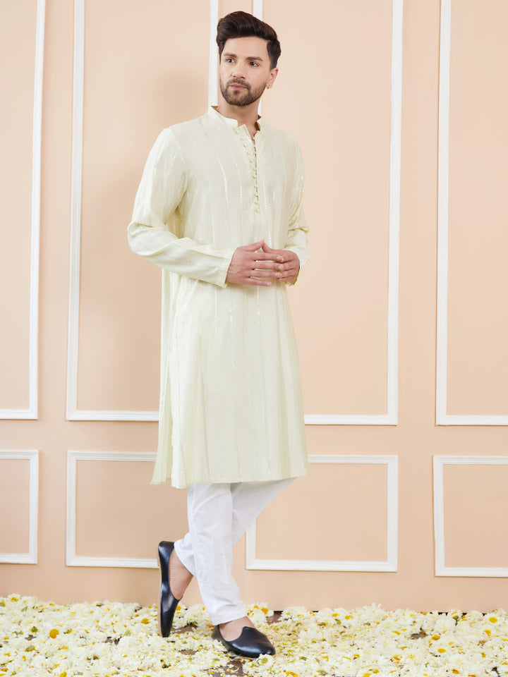 Cream and Gold Sequins Embroidered Chanderi Silk Straight Kurta With Pyjama