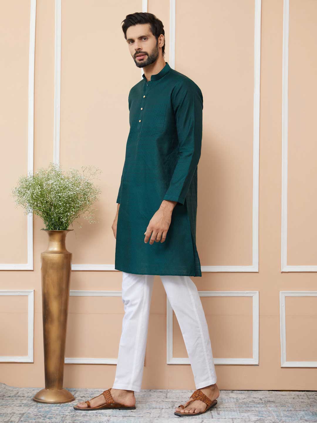 Dark Green Ethnic Motifs Silk Jacquard Woven Design Straight Kurta