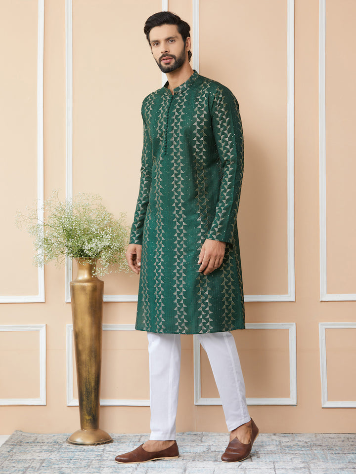 Green Embroidered Thread Work Sequinned Chanderi Silk Straight Kurta