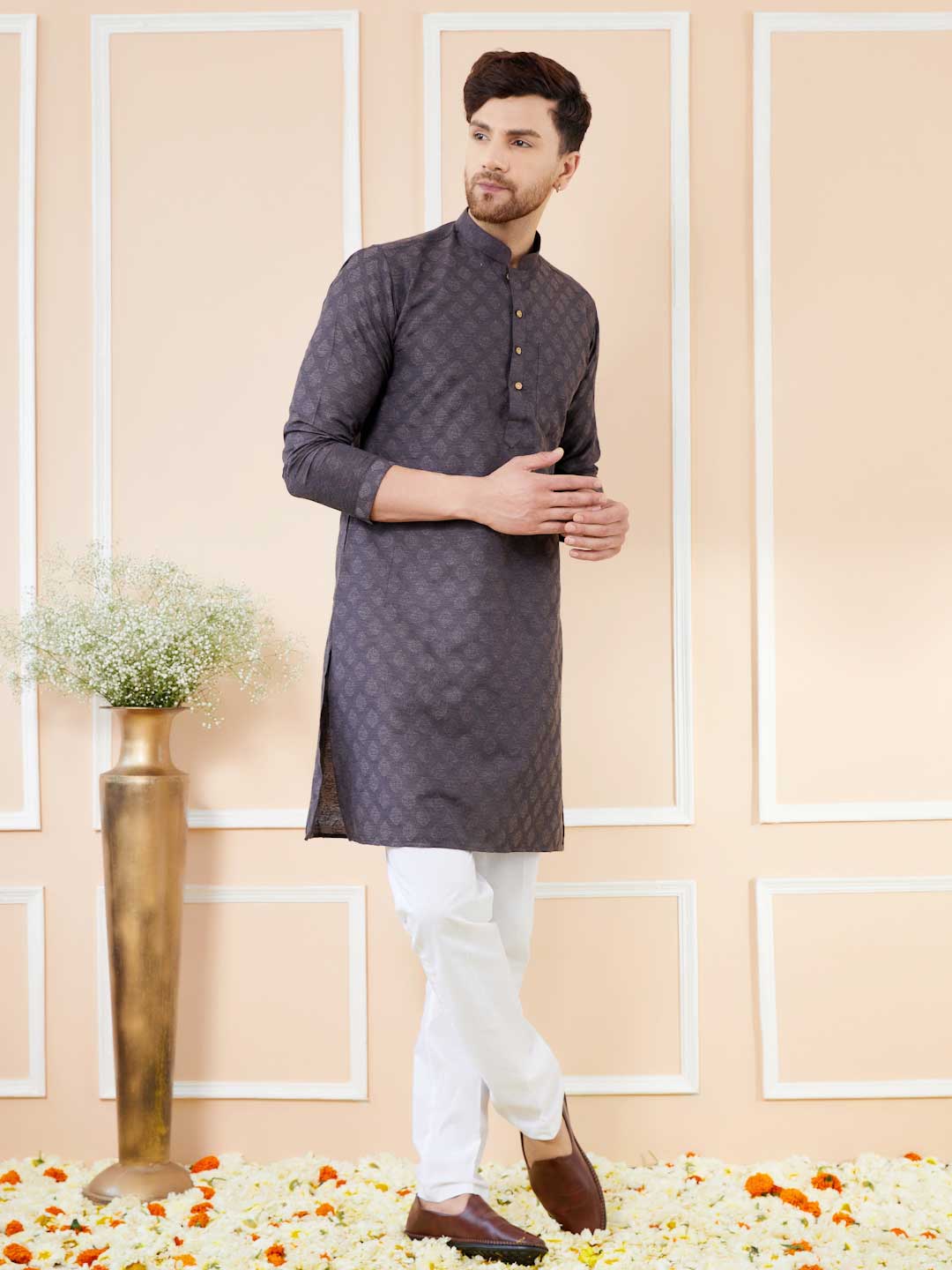 Black Ethnic Motifs Silk Jacquard Woven Design Straight Kurta with Pyjama