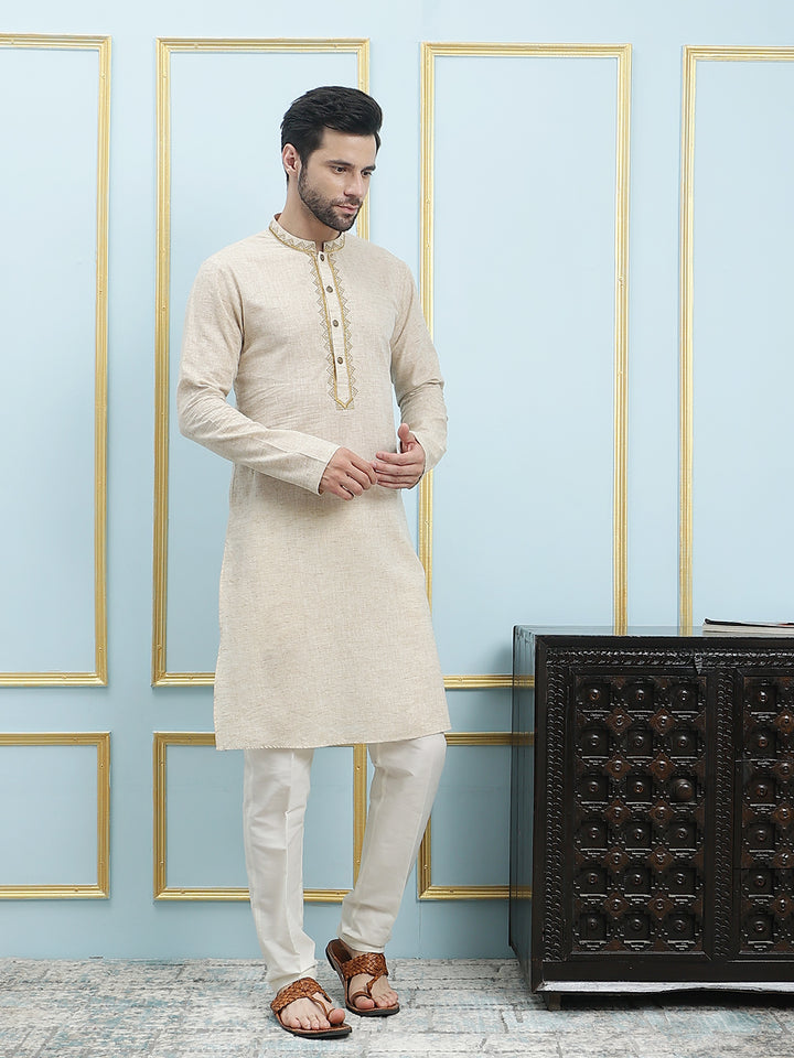 Solid Pure Cotton Straight Kurta with Embroidered Neck Design