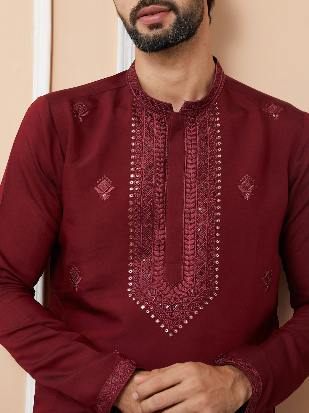 Dark Maroon Embroidered Chanderi Silk Straight Kurta