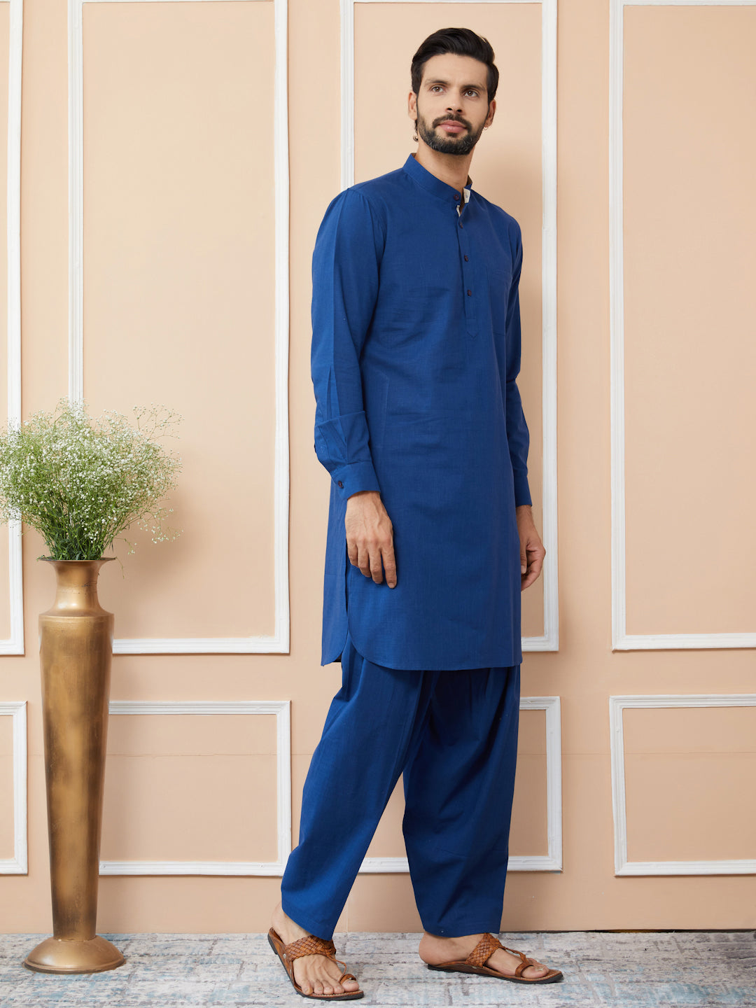 Navy Cotton Slub Pathani kurta with Salwar