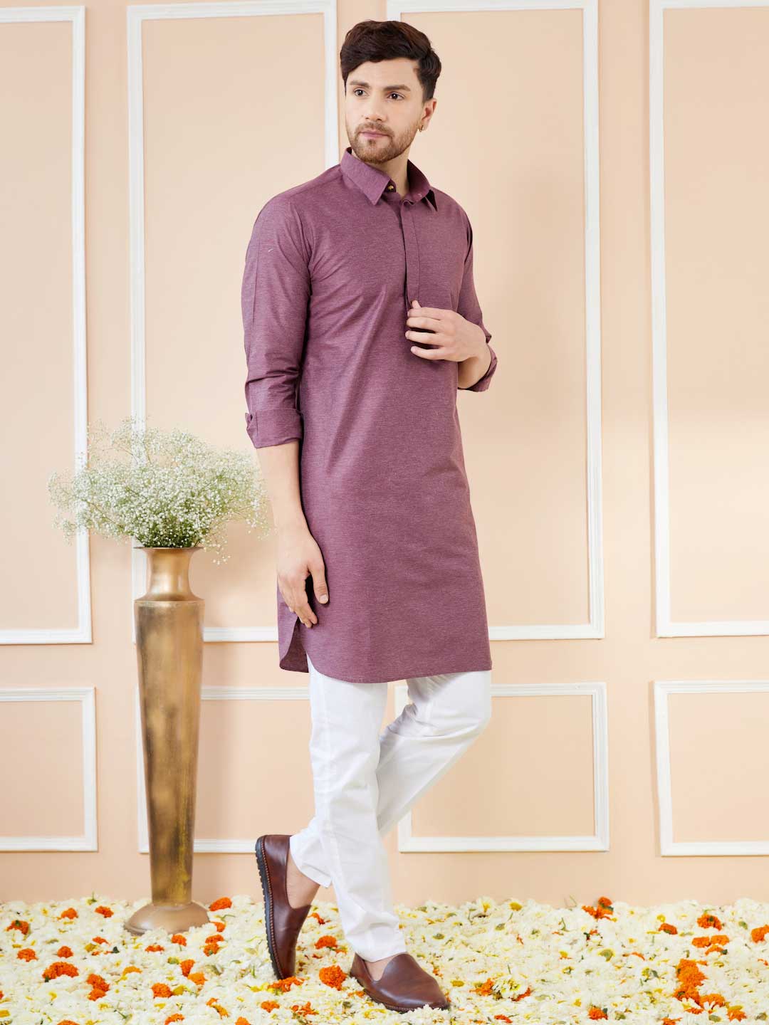 Purple Cotton Solid Pathani Kurta with Pyjama