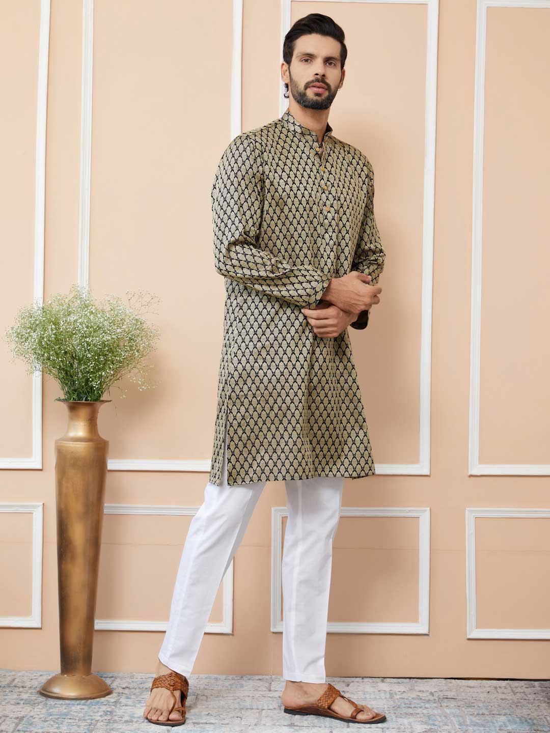 Black Ethnic Motifs Silk Jacquard Woven Design Straight Kurta with Pyjama