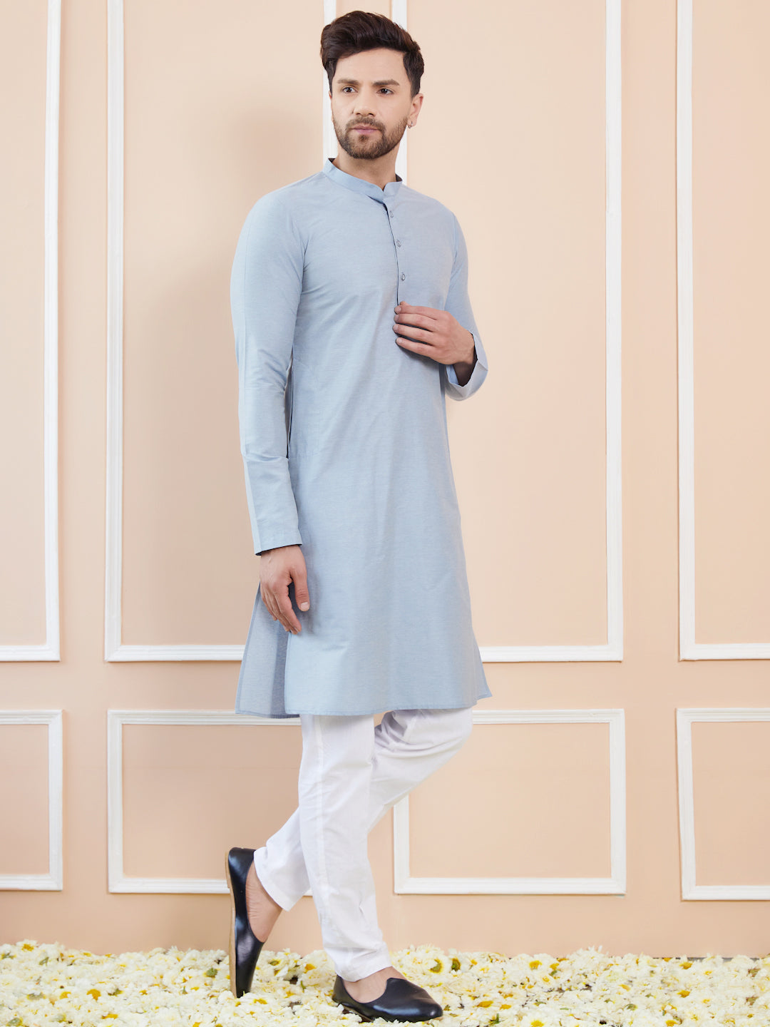 Blue Cotton Solid Straight Kurta with Pyjama