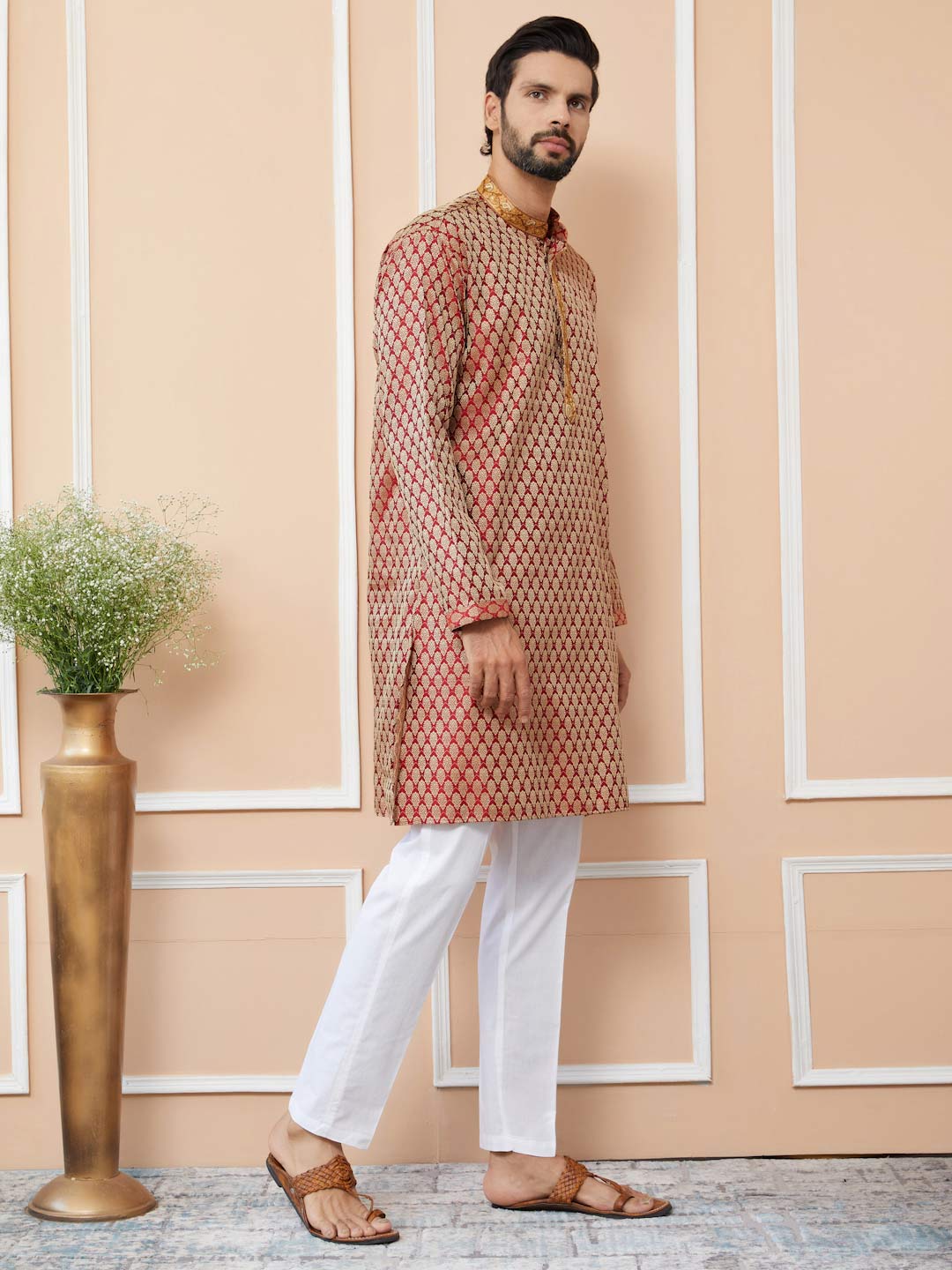 Red-Beige Ethnic Motifs Silk Jacquard Woven Design Straight Kurta with Embroidered Neckline