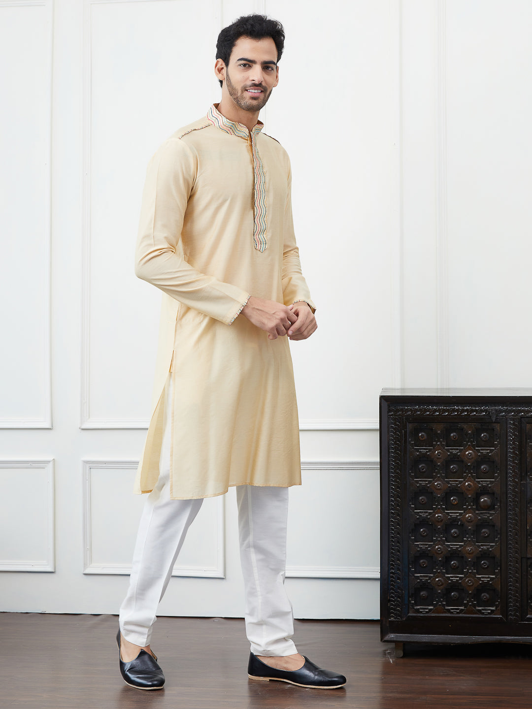 Solid Pure Cotton Straight Kurta with Embroidered Flacked and Pyjama