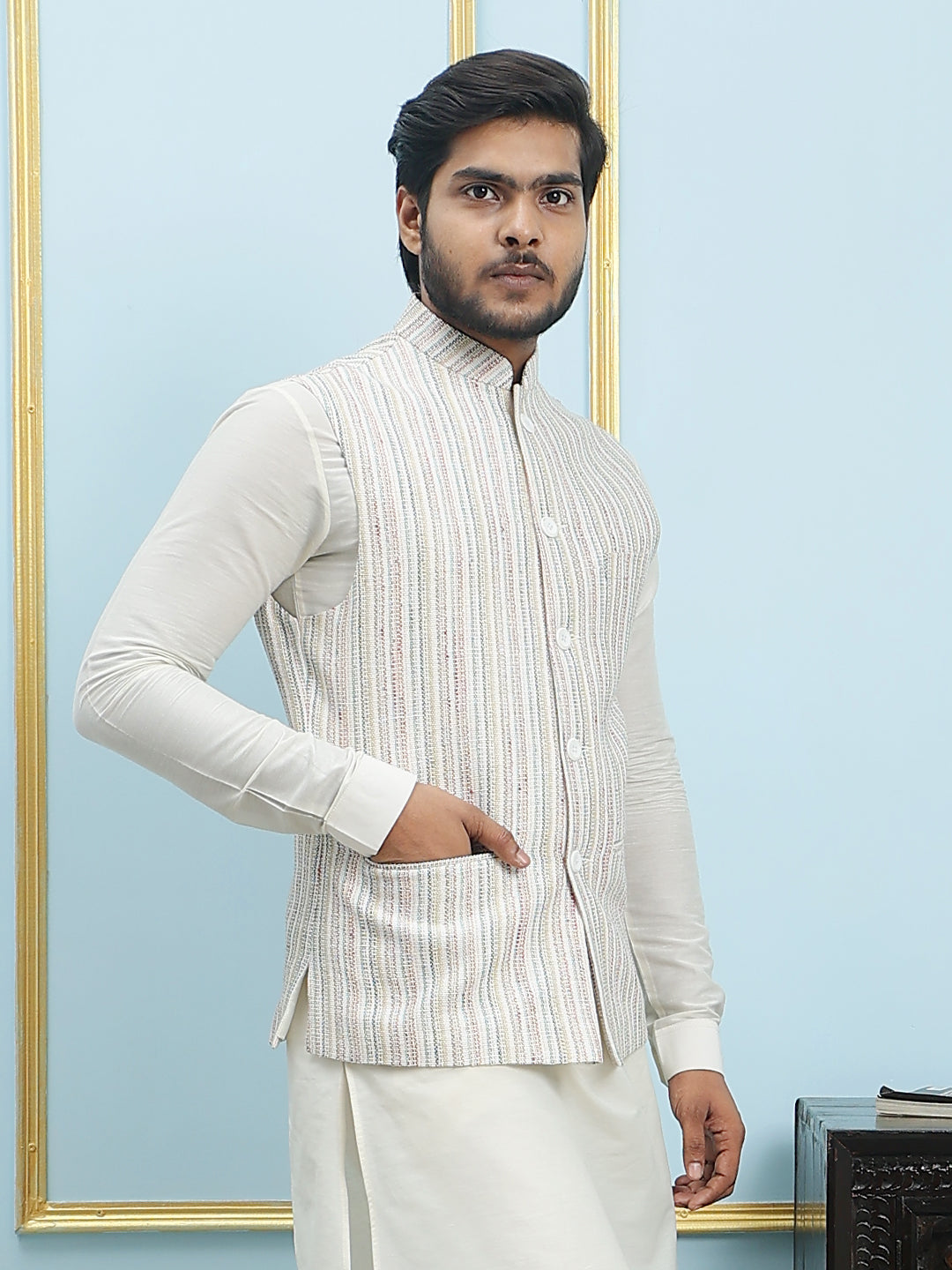 Pure Silk Straight Kurta & Pyjama Set with Handwoven Nehru Jacket