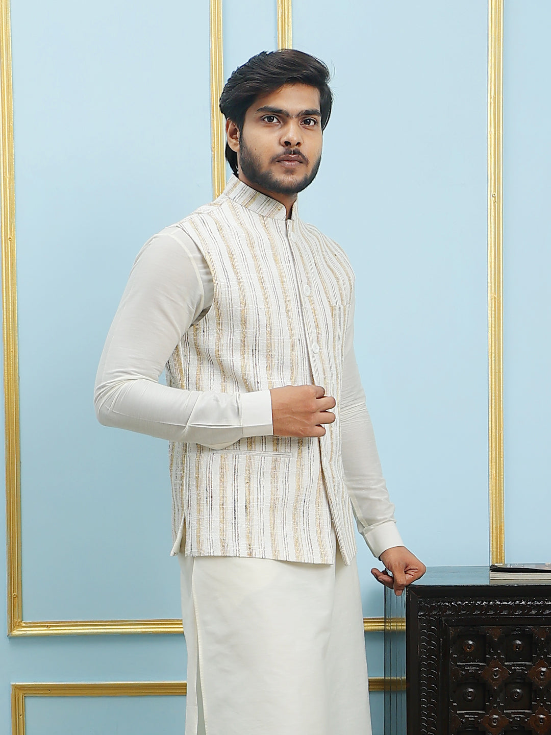 Pure Silk Straight Kurta & Pyjama Set with Handwoven Nehru Jacket