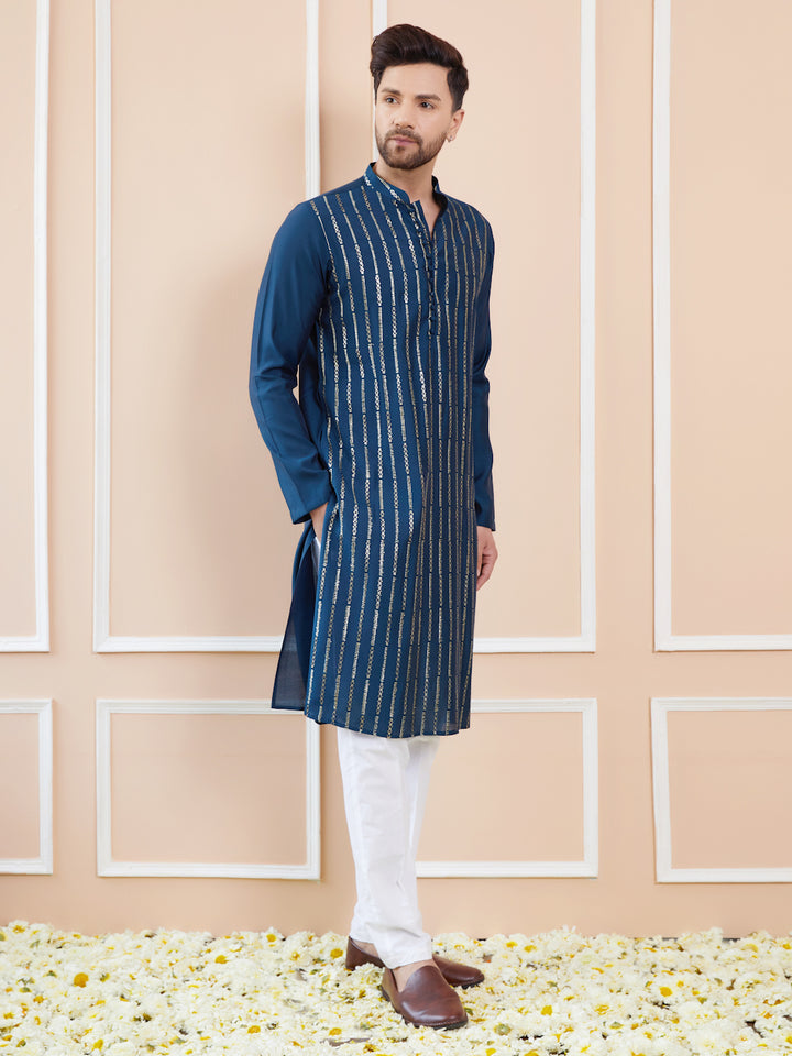 Men Blue and Gold Sequins Embroidered Chanderi Silk Straight Kurta With Pyjama