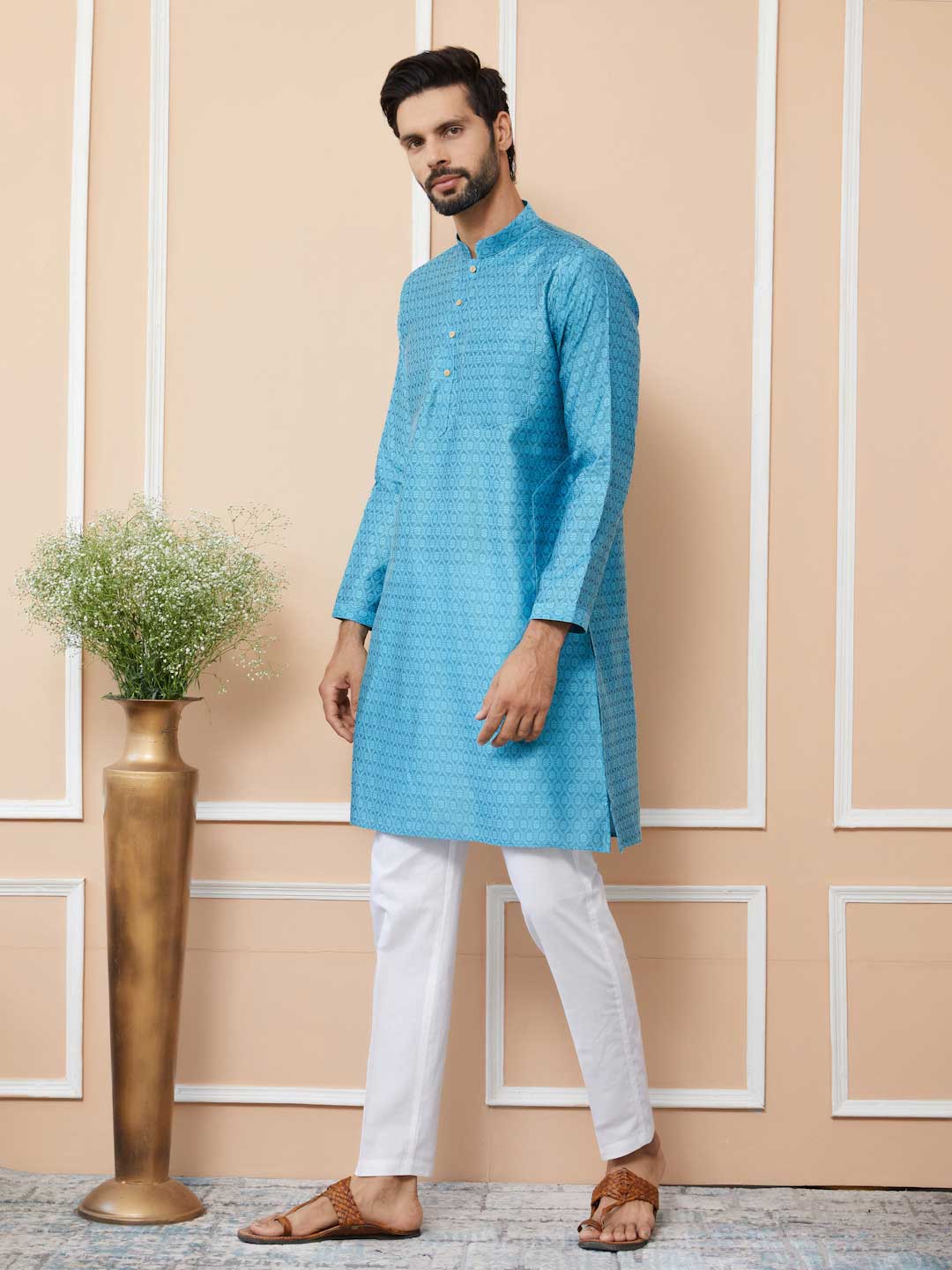 Light Blue Ethnic Motifs Silk Jacquard Woven Design Straight Kurta with Pyjama