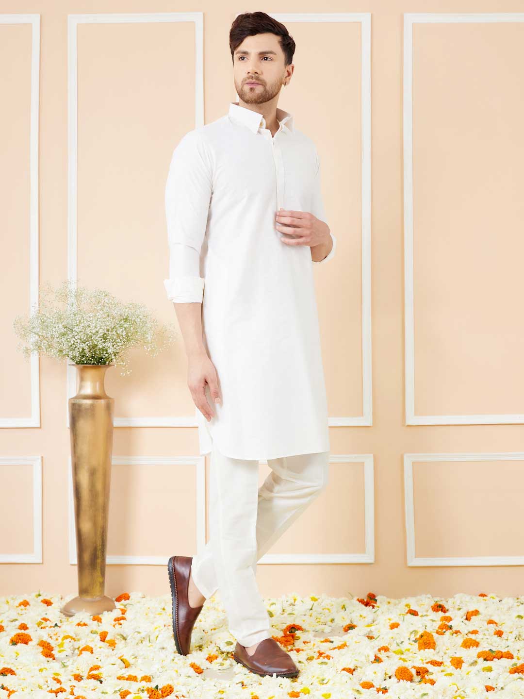 Off White Cotton Solid Pathani Kurta with Pyjama