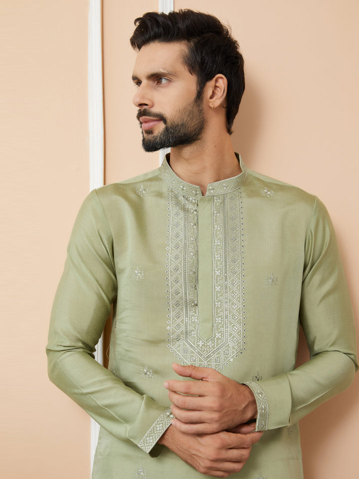 Olive Embroidered Chanderi Silk Straight Kurta