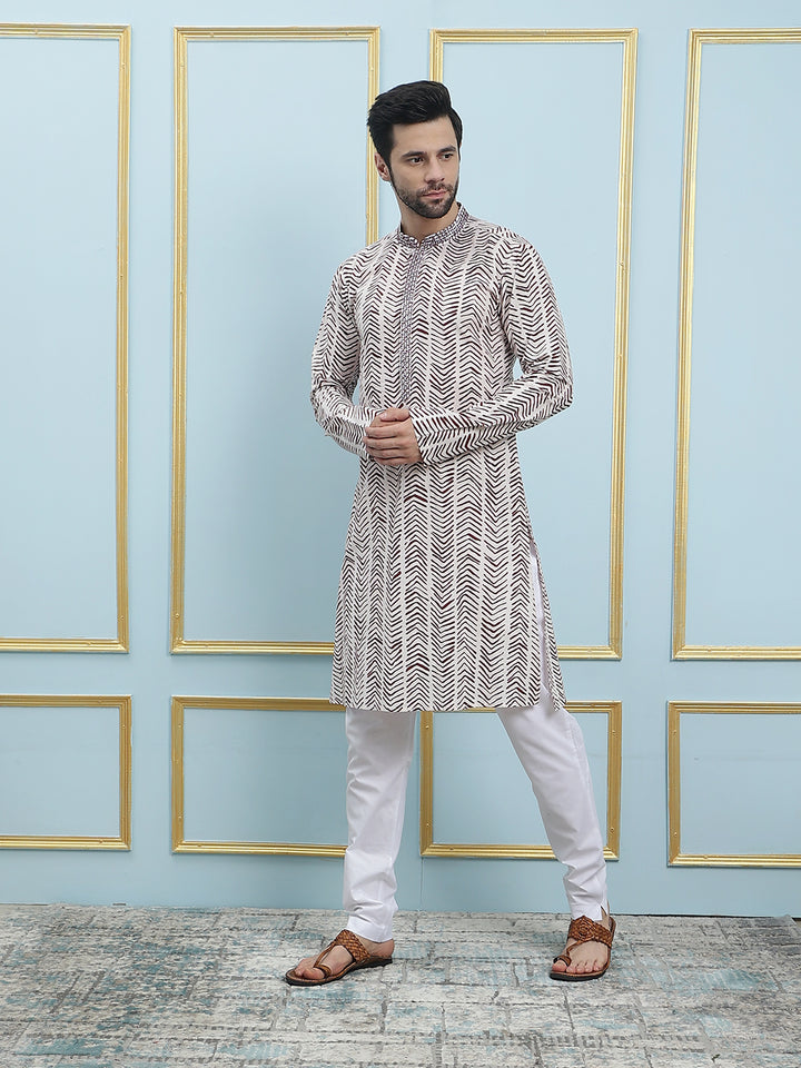 Printed Straight Cotton Silk Kurta with Embroidered Neck Design and Pyjama