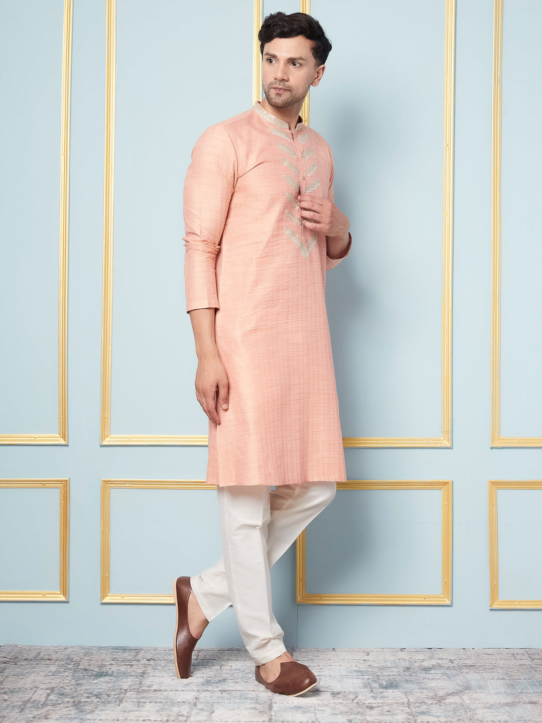 Pure Cotton Straight Kurta with Embroidered Neck Design and Pyjama