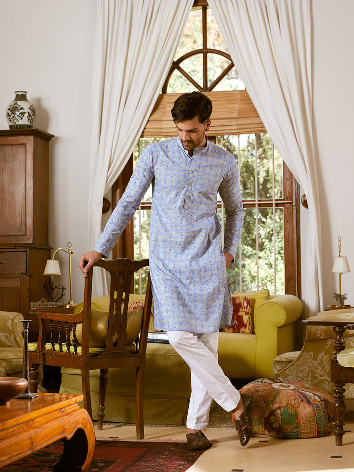 Leaf Printed Pure Cotton Straight Kurta with Pyjama