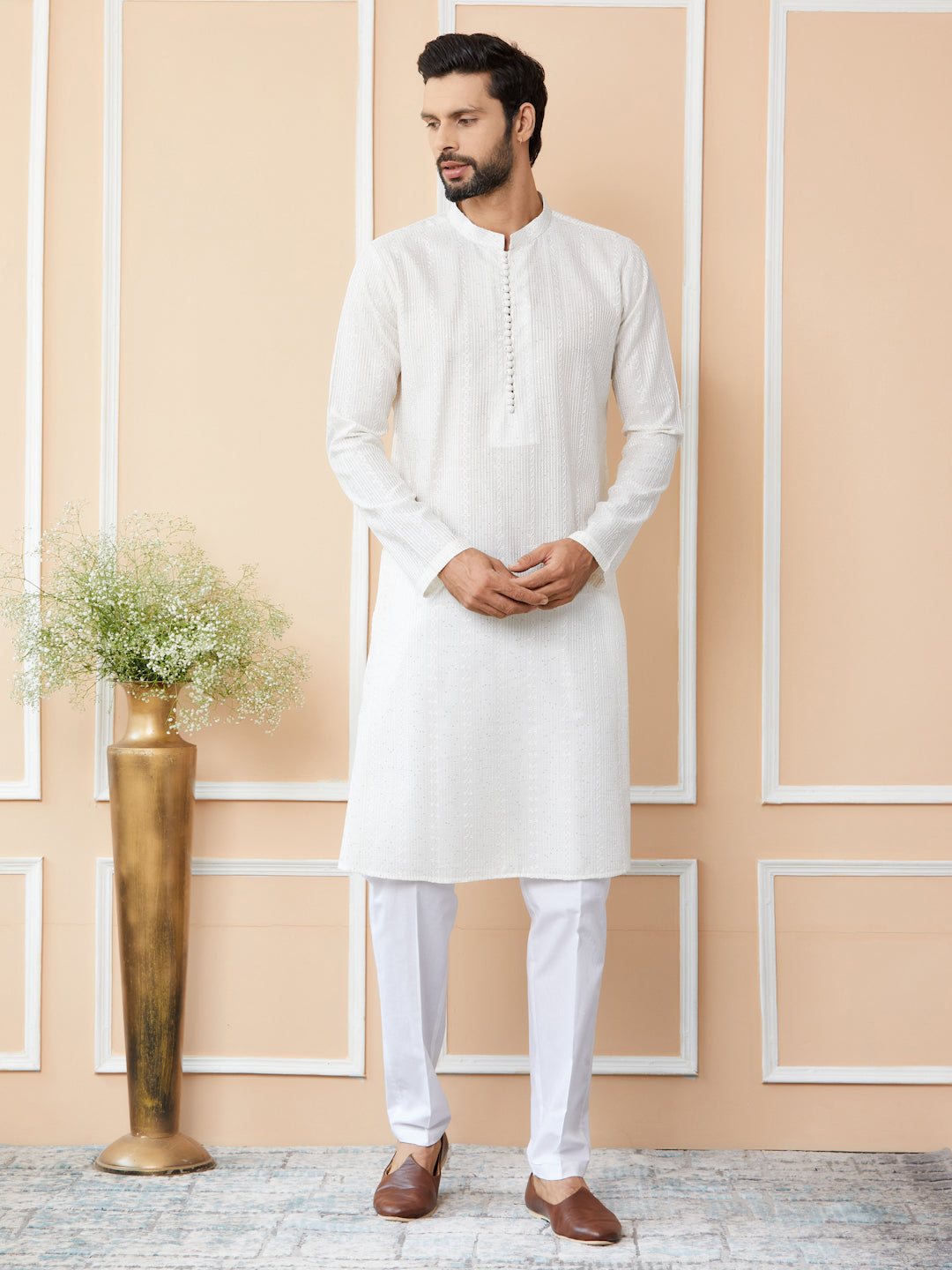 Off White Embroidered Thread Work Sequinned Chanderi Silk Straight Kurta with Pyjama