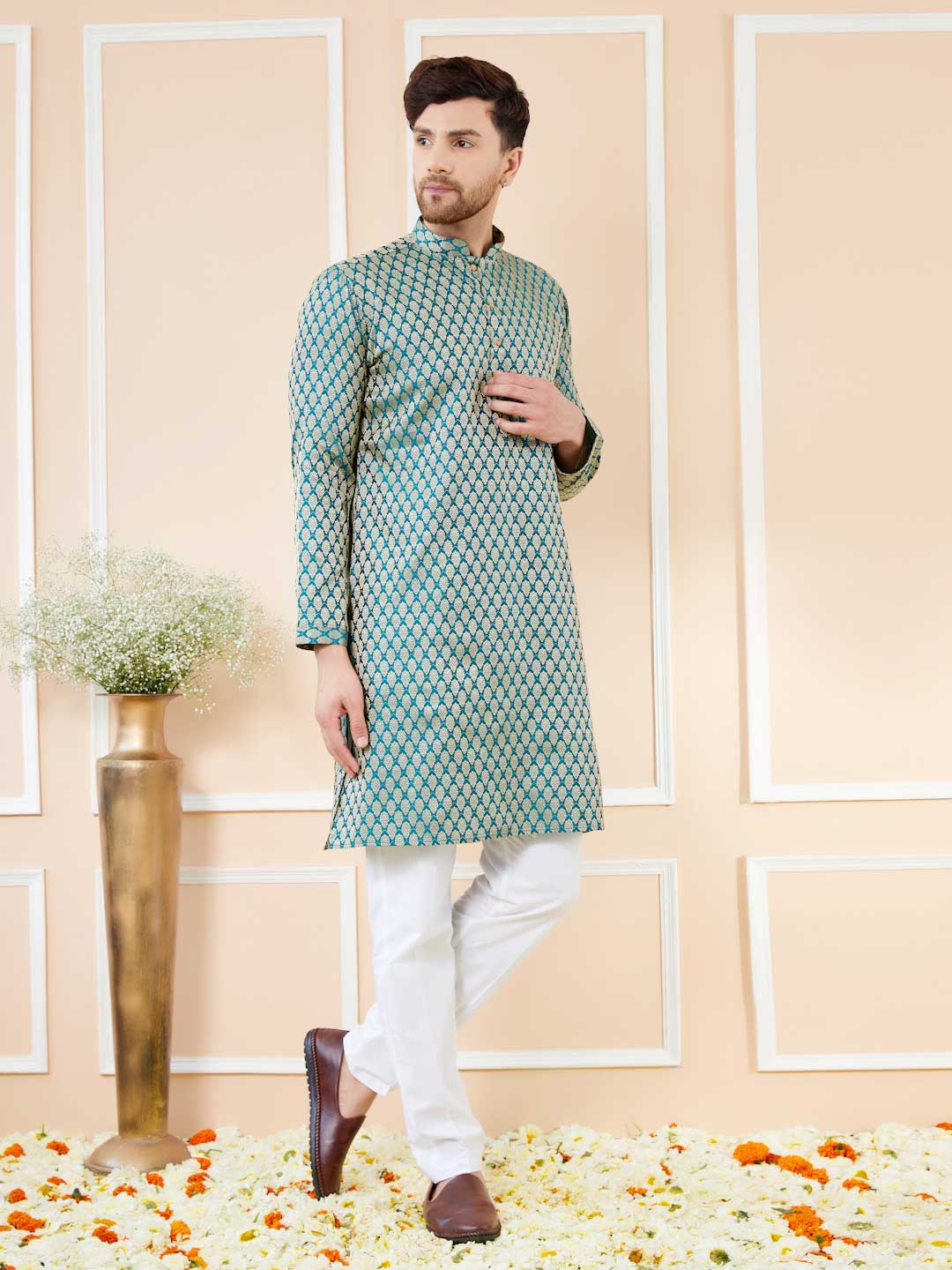 Blue Ethnic Motifs Silk Jacquard Woven Design Straight Kurta with Pyjama