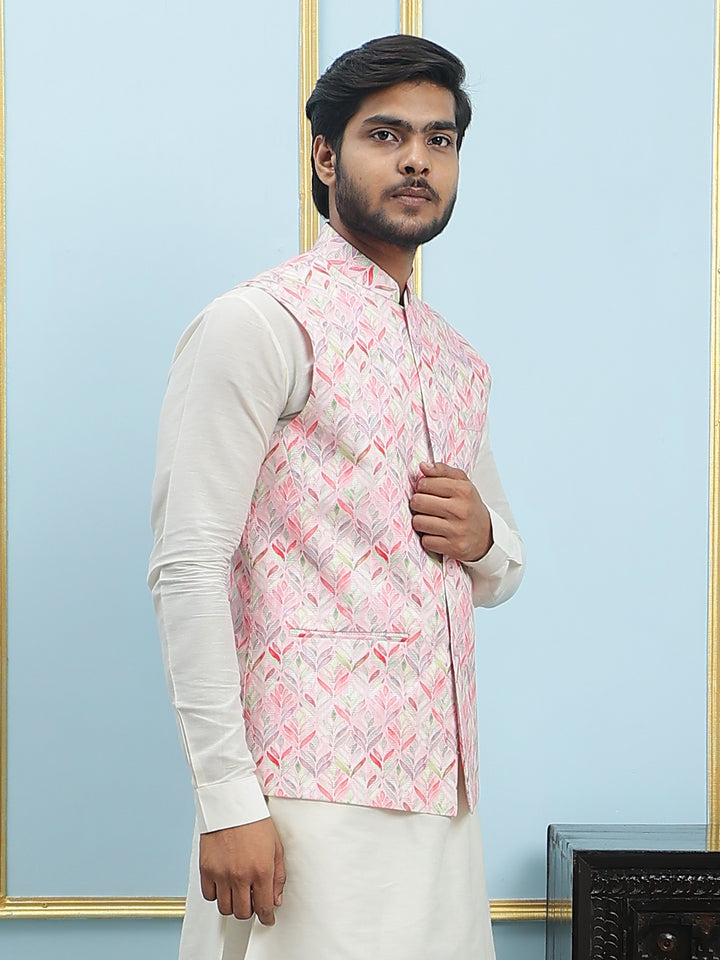 Pure Silk Straight Kurta & Pyjama Set with Printed Cotton Nehru Jacket