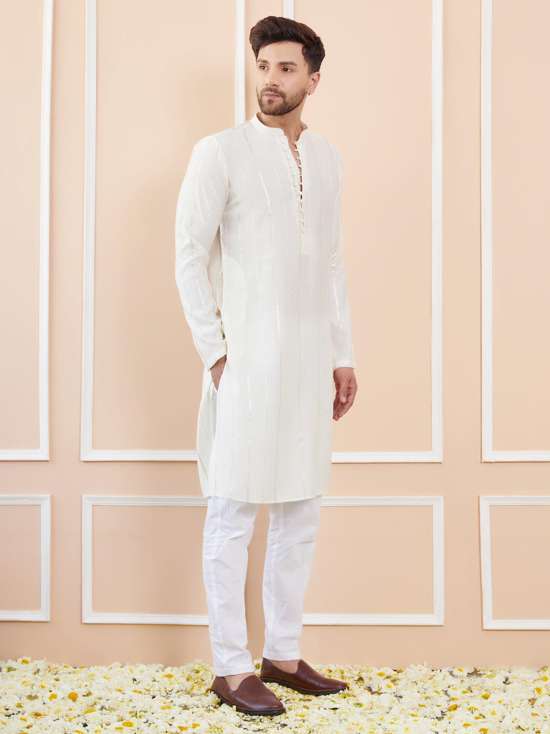 Off White and Gold Sequins Embroidered Chanderi Silk Straight Kurta With Pyjama