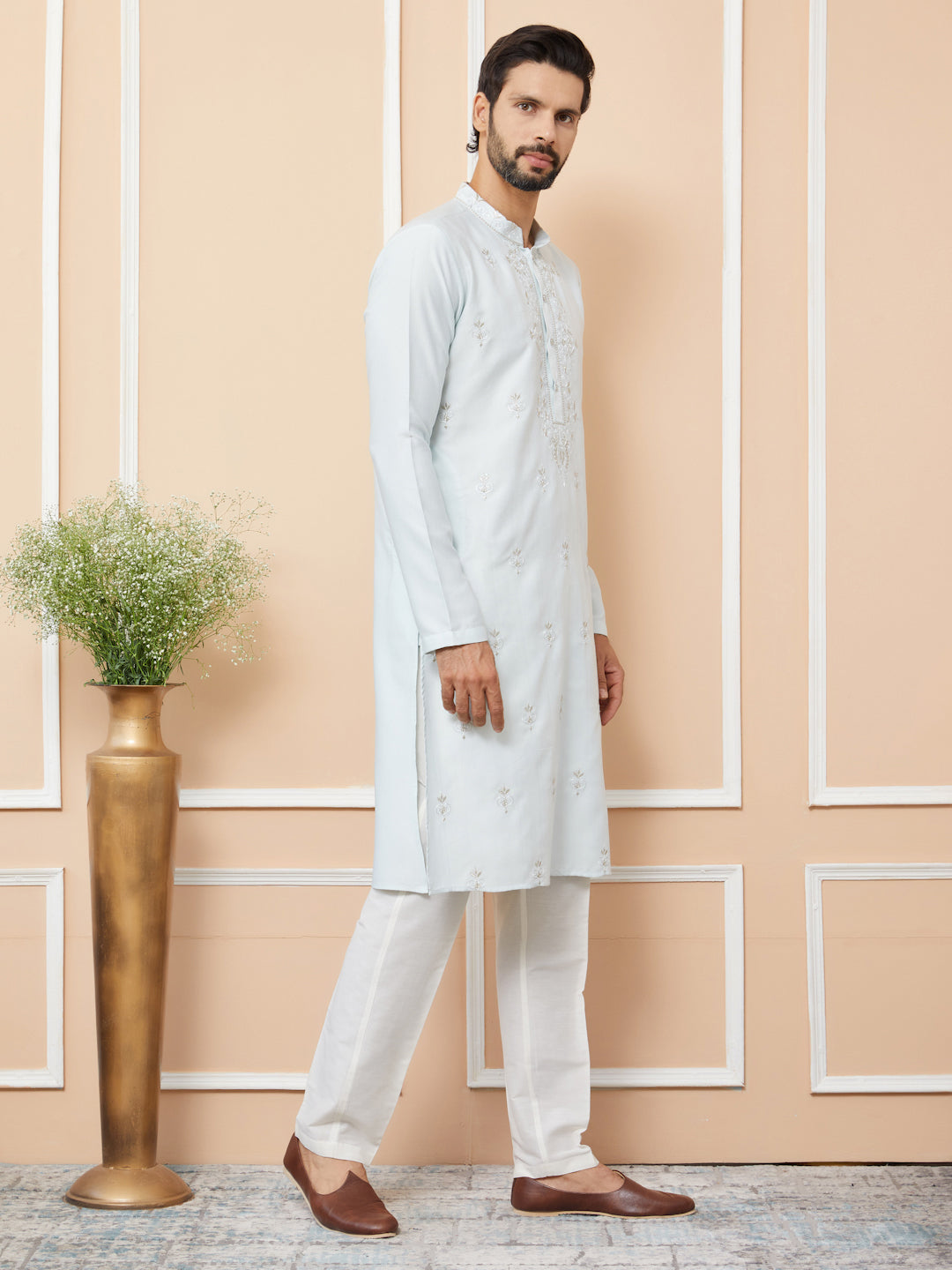 Light Blue Embroidered Zara Silk Straight Kurta