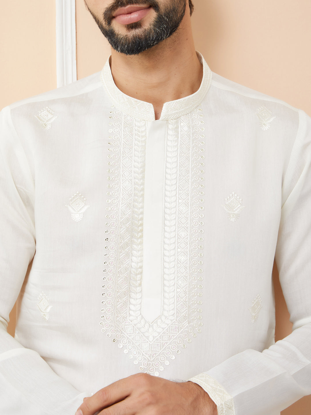 Off-White Embroidered Chanderi Silk Straight Kurta