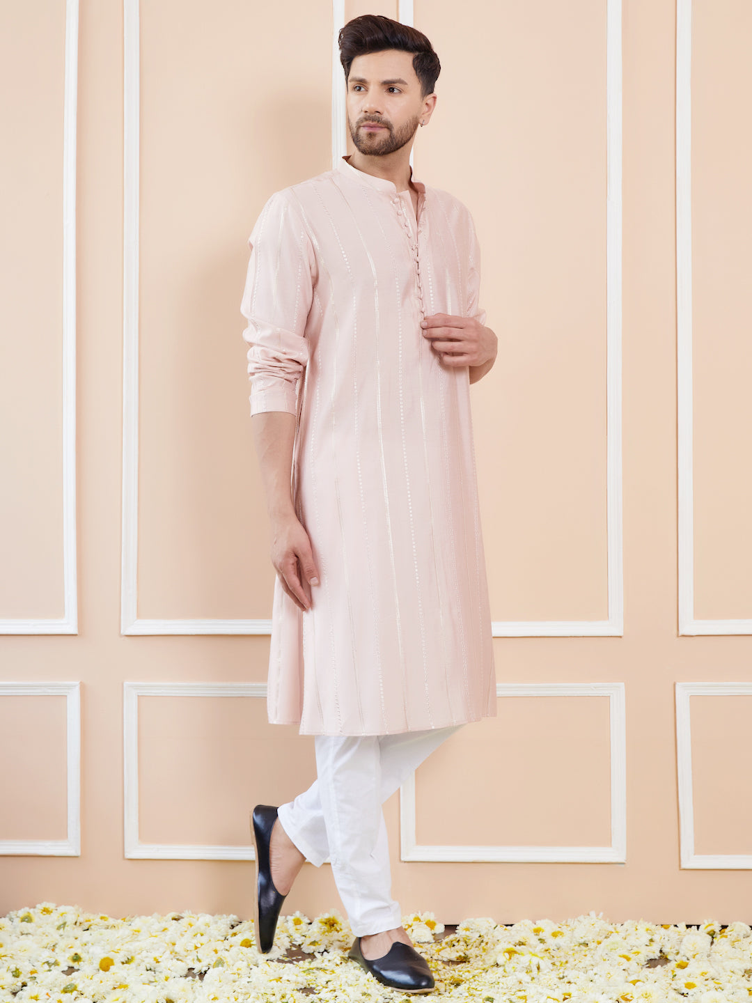 Men Pink and Gold Sequins Embroidered Chanderi Silk Straight Kurta With Pyjama