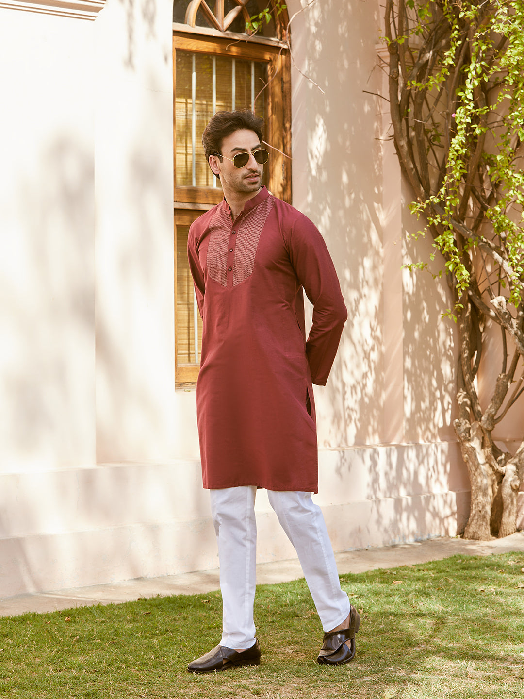 Pintuck Yoke Cotton Silk Straight Kurta with Pyjama