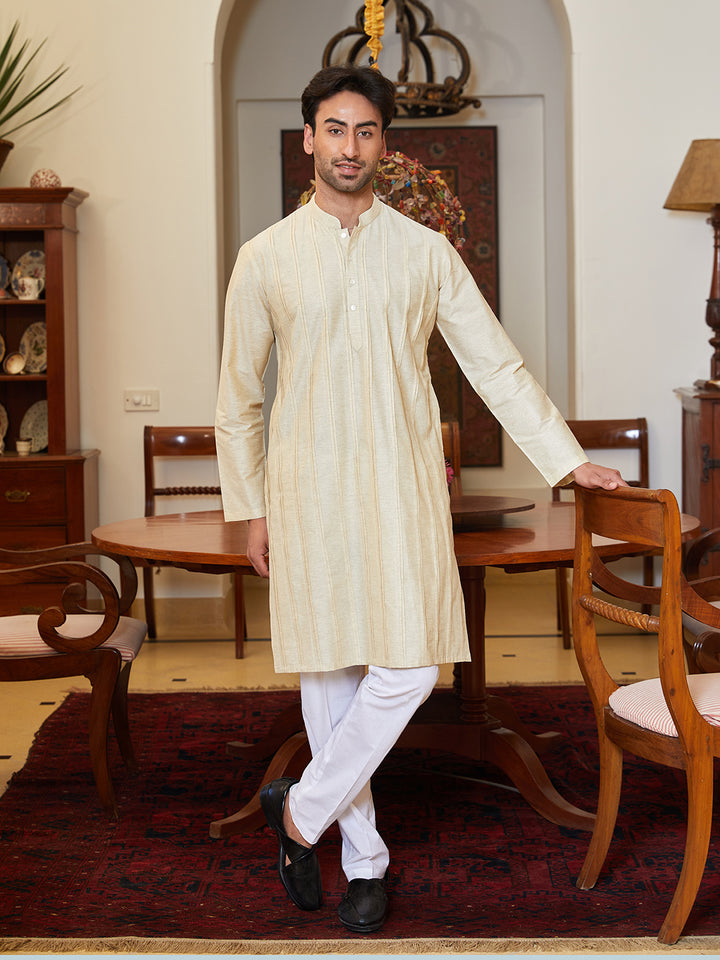 Pintuck Cotton Silk Straight Kurta with Pyjama