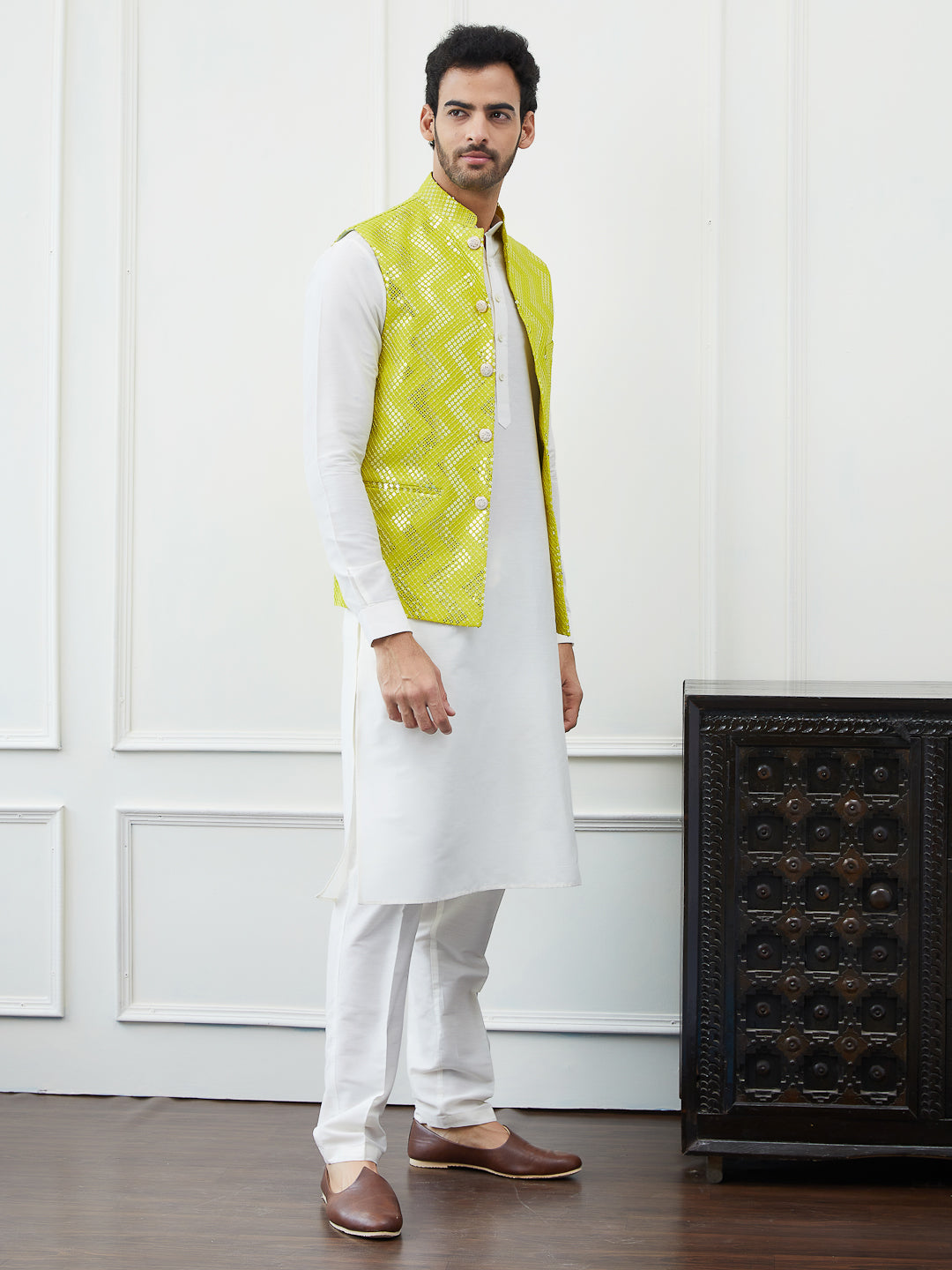 Sequin and Thread Work Embroidered Nehru Jacket