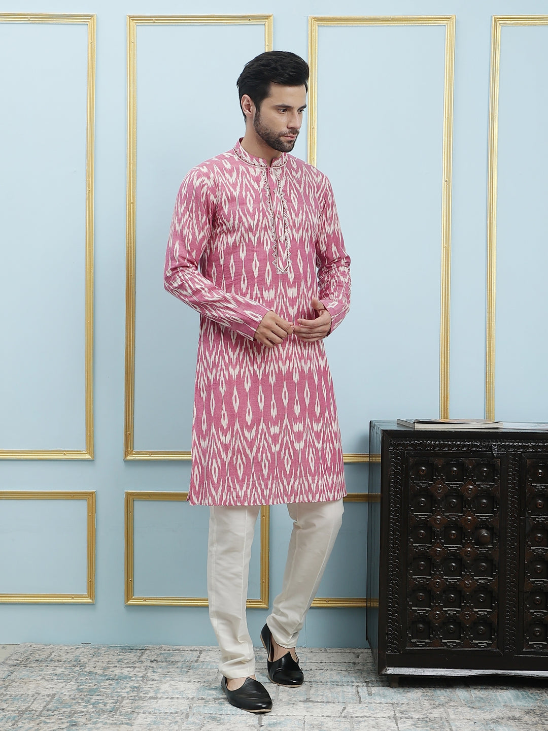 Printed Ikat Pure Cotton Straight Kurta with Embroidered Neck Design and Pyjama