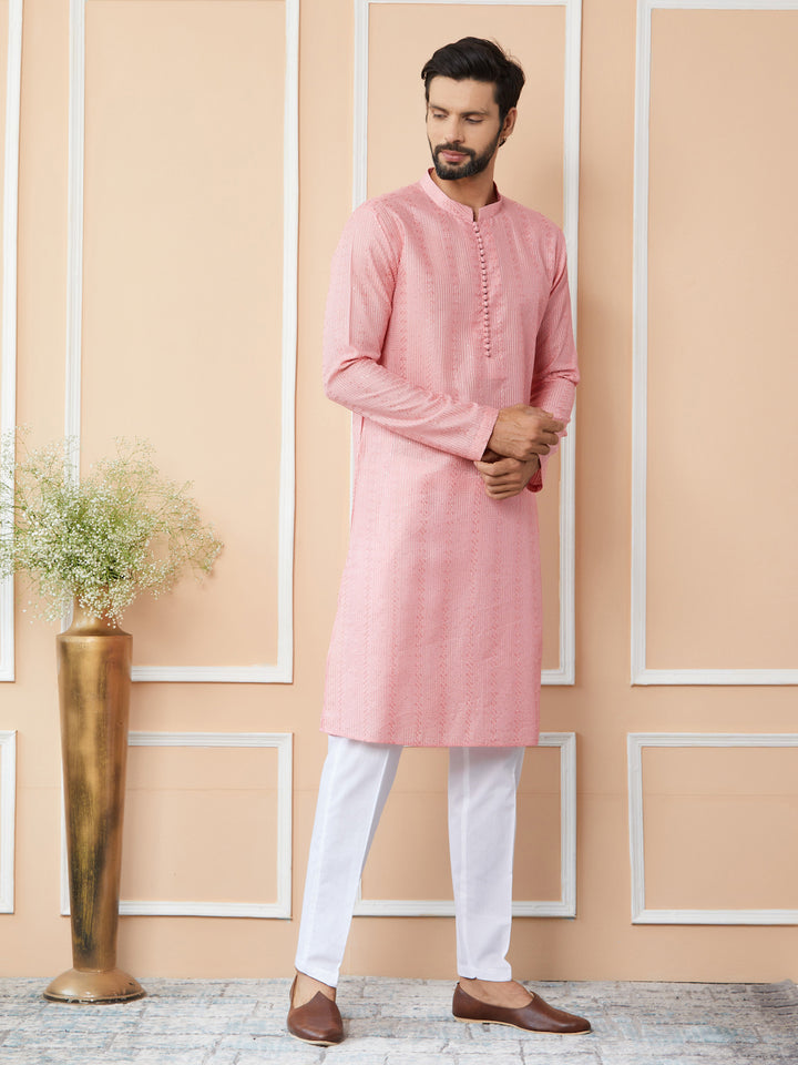 Pink Embroidered Thread Work Sequinned Chanderi Silk Straight Kurta