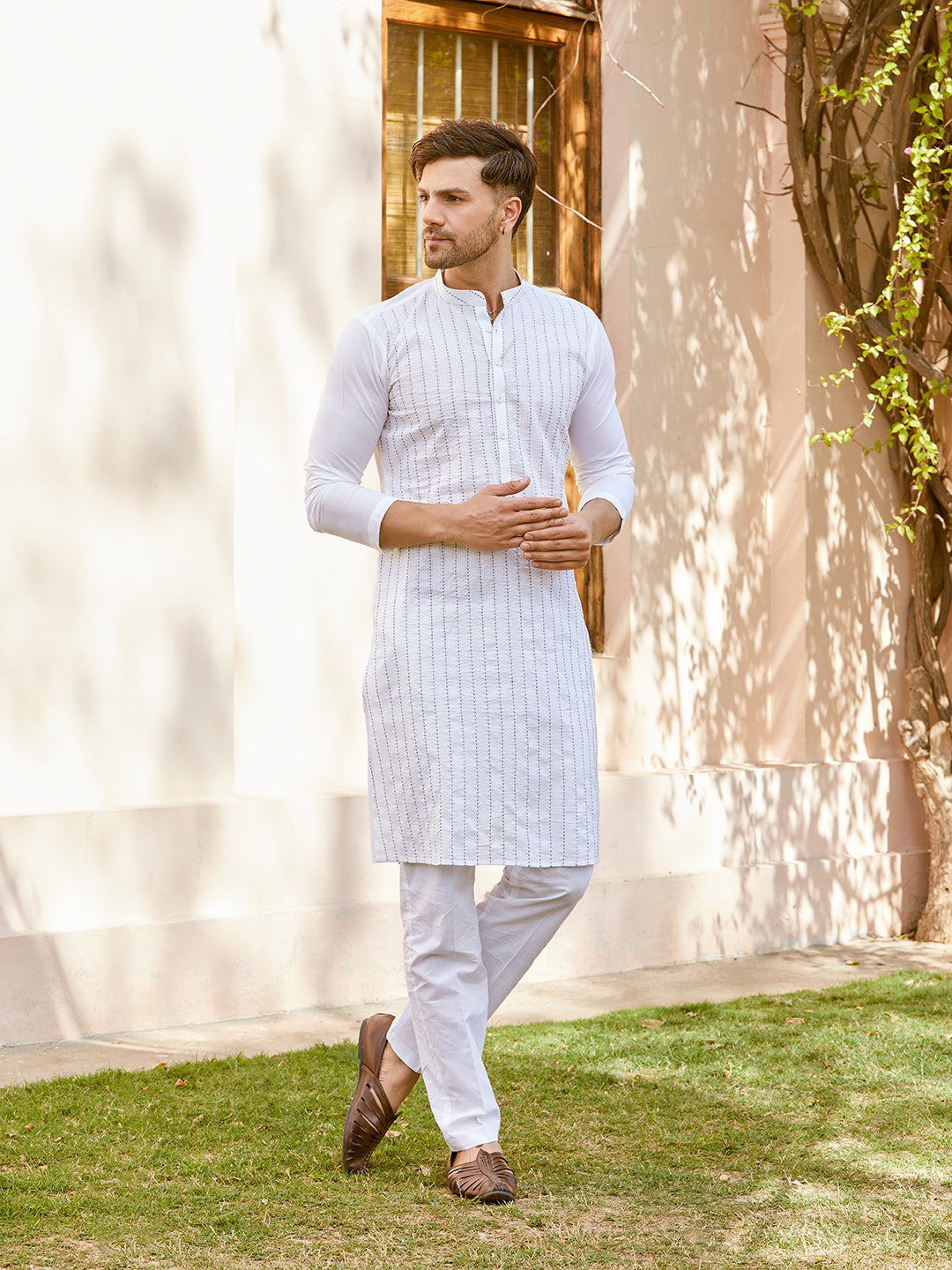 Thread Worked Pure Cotton Straight Kurta with Pyjama